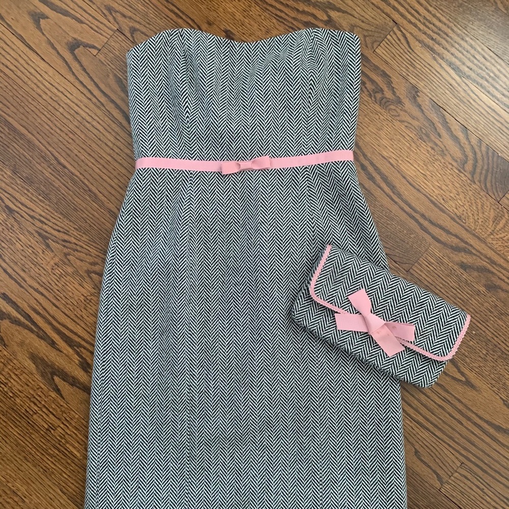 J Crew wool herringbone strapless dress & clutch
